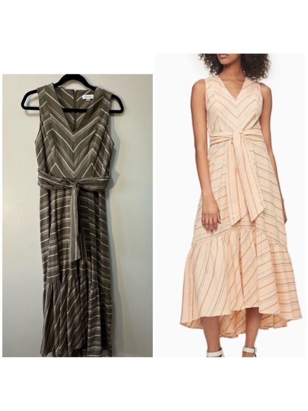 Calvin Klein V-Neck LINEN BLEND STRIPED TIE WAIST MAXI DRESS Sz 2 NWOT